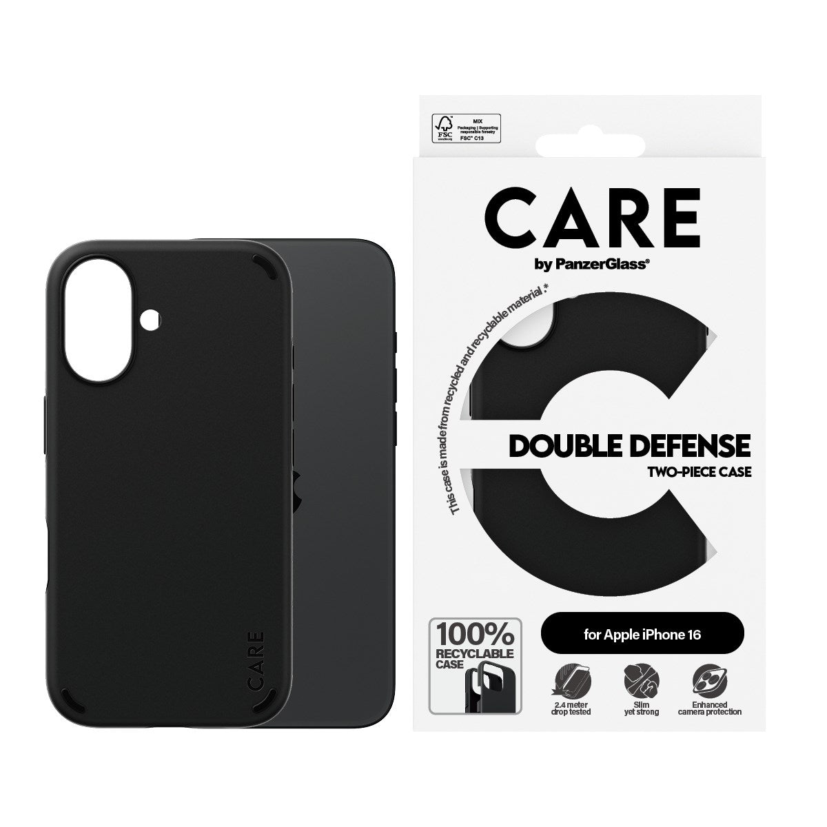 CARE by PanzerGlass® Double Defense Case Black iPhone 16